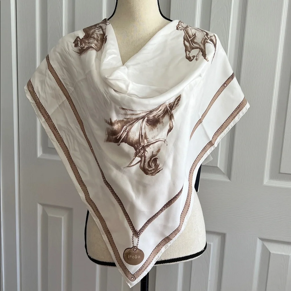 Polo Ralph Lauren Equestrian Silk Scarf Polo Horse Print Cream Brown - Picture 3 of 17